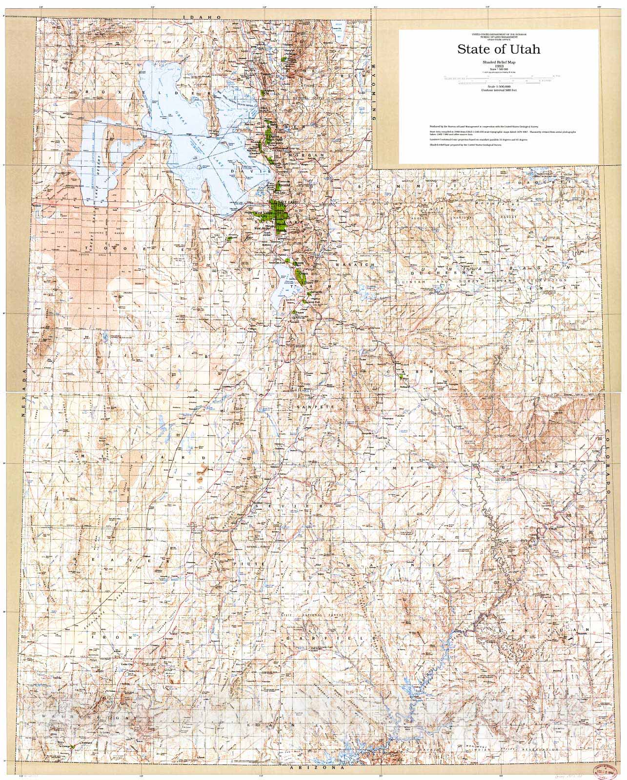 Historic 1993 Map - State of Utah Shaded Relief map