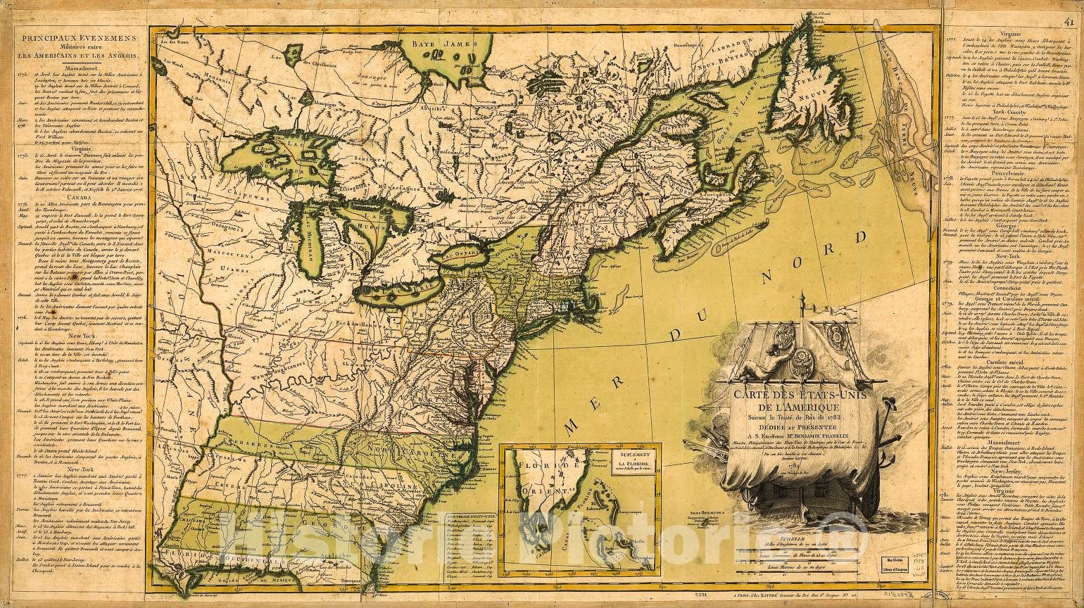 Historic 1784 Map - Carte des Etats-UNIS de l'Amerique suivant le Trai ...