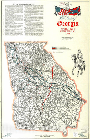 Historic 1964 Map - The State of Georgia, Civil War Centennial, 1864 : Showing The Major Campaign Areas and Engagement Sites of The Union and Confederate Armies