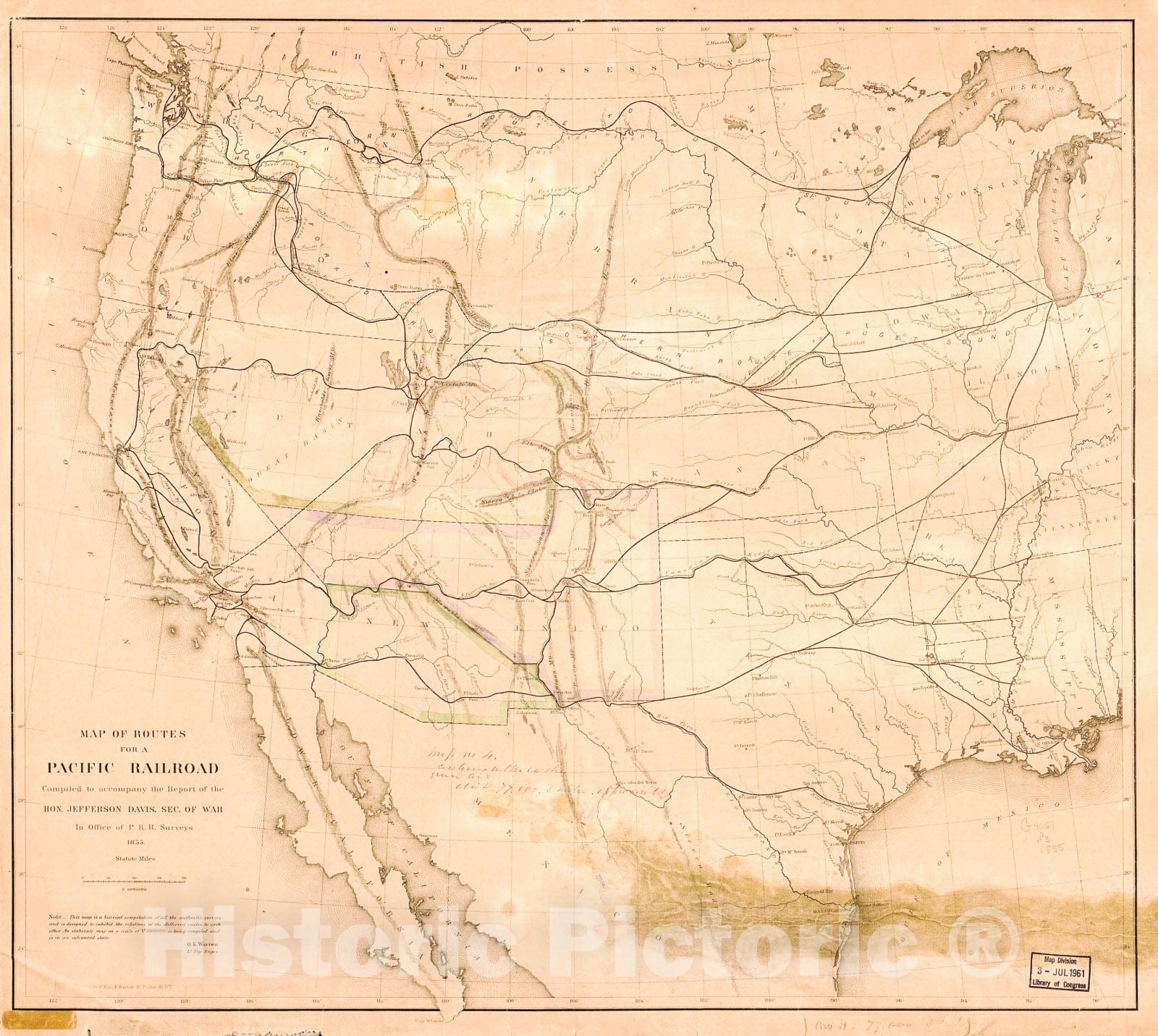 Historic 1855 Map - Map of Routes for a Pacific Railroad – Historic ...