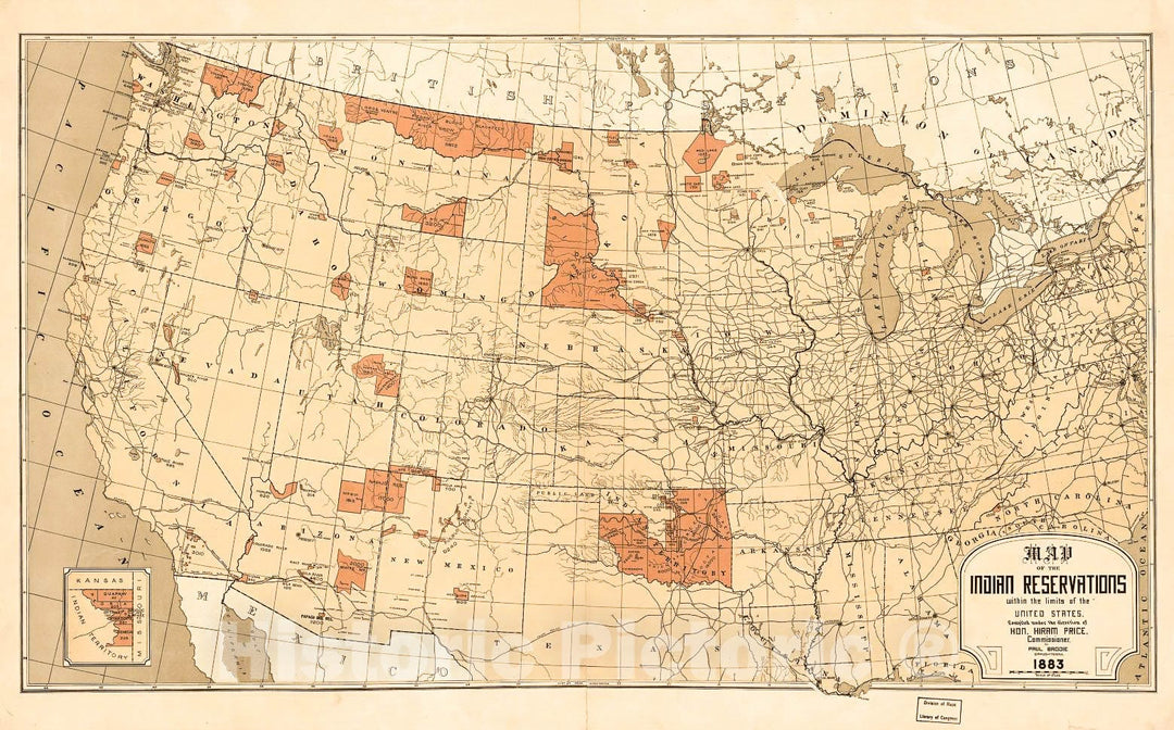 Historic 1883 Map - Map Showing Indian Reservations with The Limits of ...