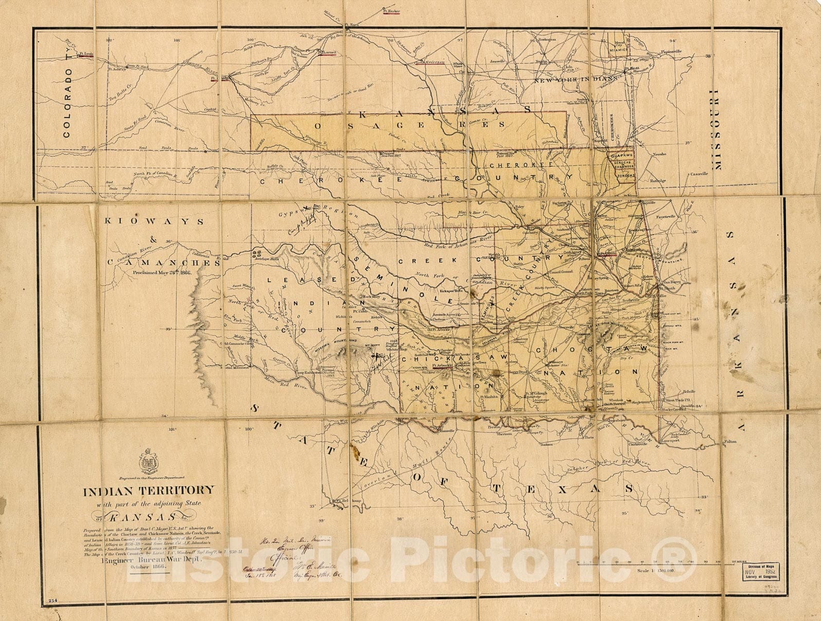 Historic 1866 Map - Indian Territory, with Part of The adjoining State of Kansas, c.