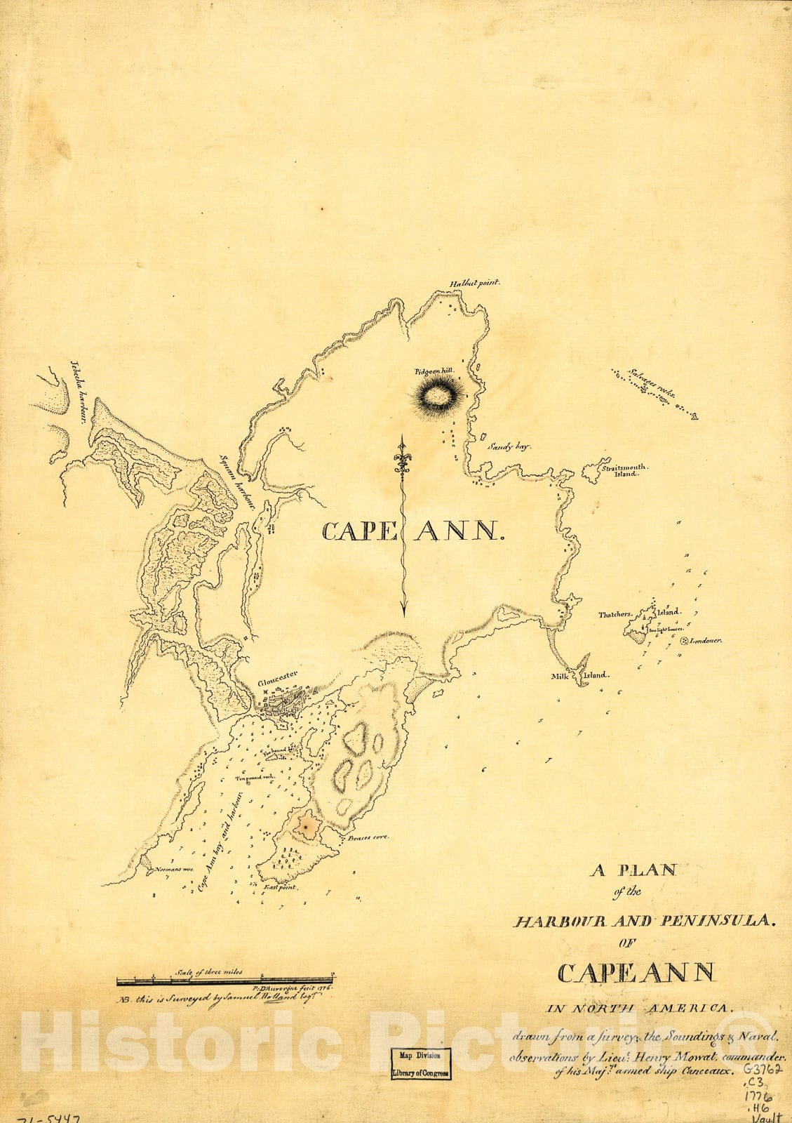 Historic 1776 Map - A Plan of The Harbour and Peninsula of Cape Ann in North America,
