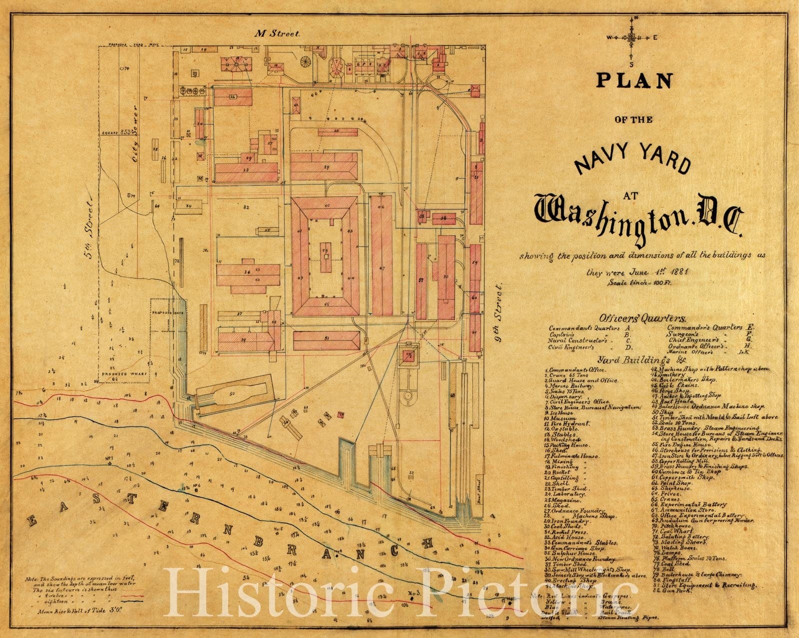 Historic 1881 Map - Plan of The Navy Yard at Washington, D.C. : Showing The Position and Dimensions of All The Buildings as They were June 1st 1881.