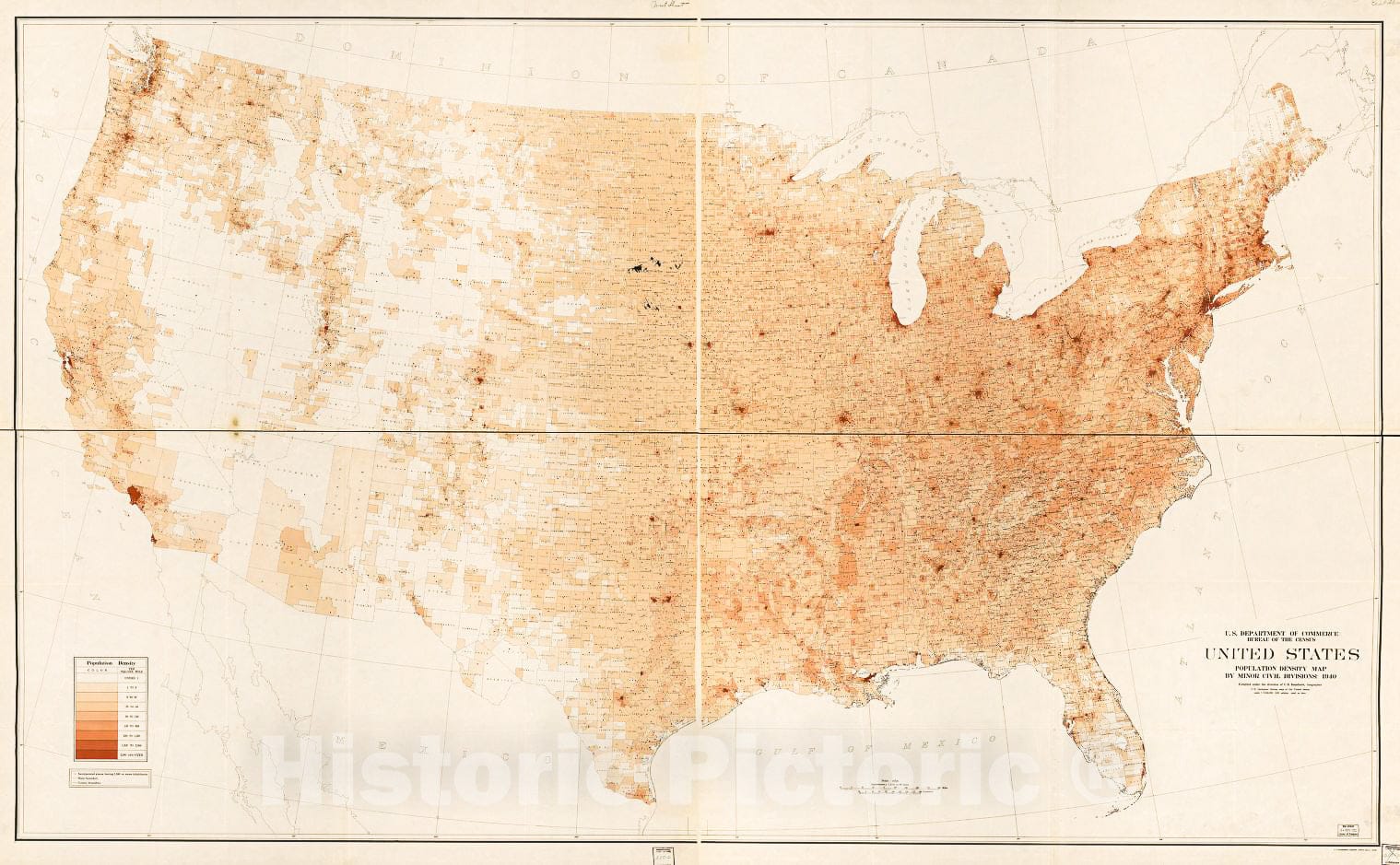 Historic 1942 Map - United States Population Density map by Minor Civil divisions : 1940
