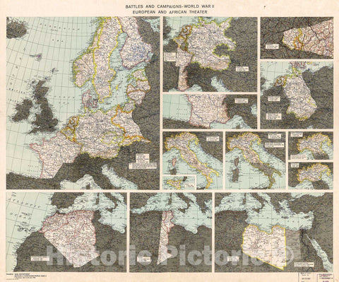 Historic 1945 Map - Battles and campaigns : World War II, European and African Theater