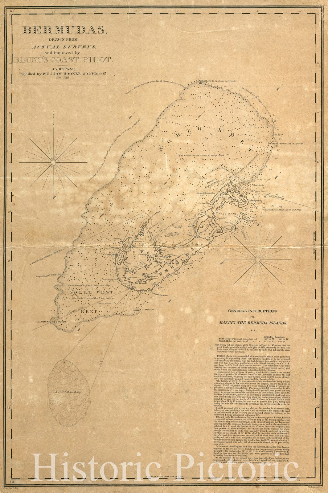 Historic 1819 Map - Bermudas, Drawn from Actual surveys, and Improved by Blunt's Coast Pilot.