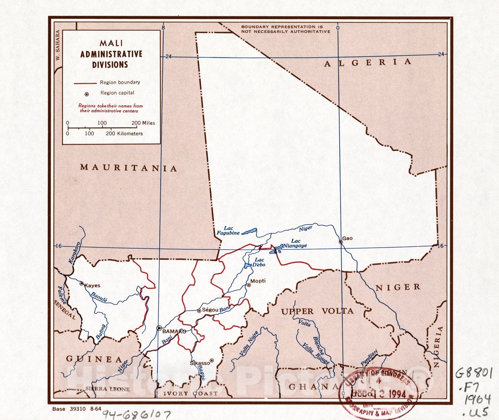 Historic 1964 Map - Mali, Administrative divisions.