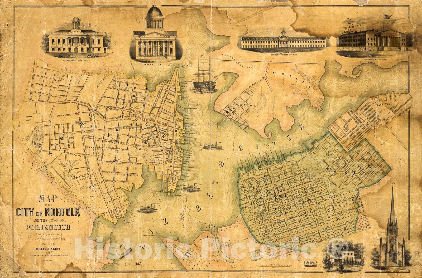 Historic 1851 Map - Map of The City of Norfolk and The Town of Portsmouth.