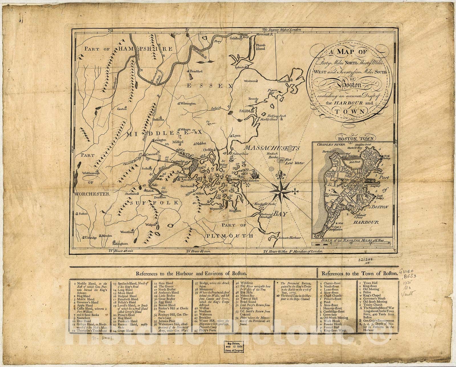 Historic 1775 Map - A Map of Forty Miles North, Thirty Miles west, and twentyfive Miles South of Boston, Including an Accurate Draft of The Harbour and Town.