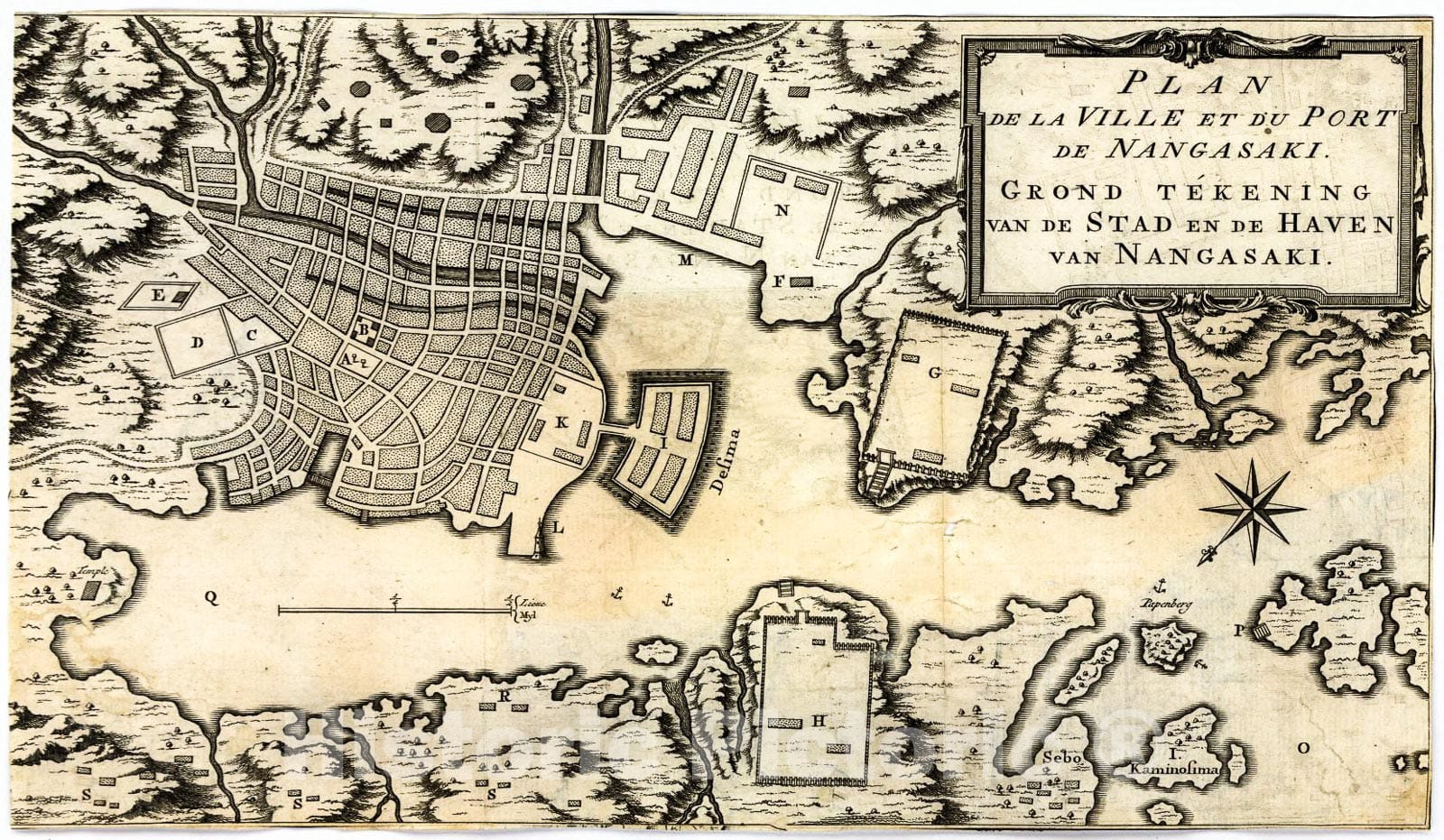 Historic 1700 Map - Plan de la Ville et du Port de Nangasaki = Grond tÃ©kening Van de stad en de Haven Van Nangaski.