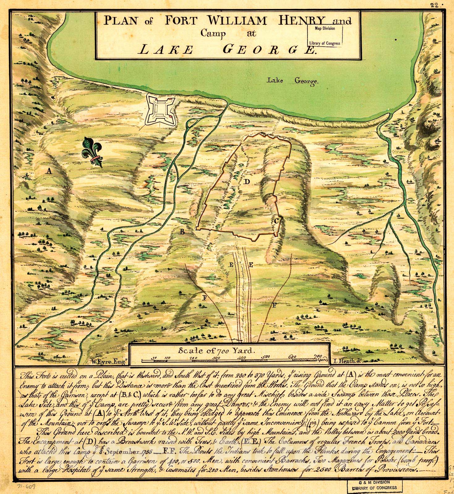 Historic 1755 Map - Plan of Fort William Henry and Camp at Lake George.