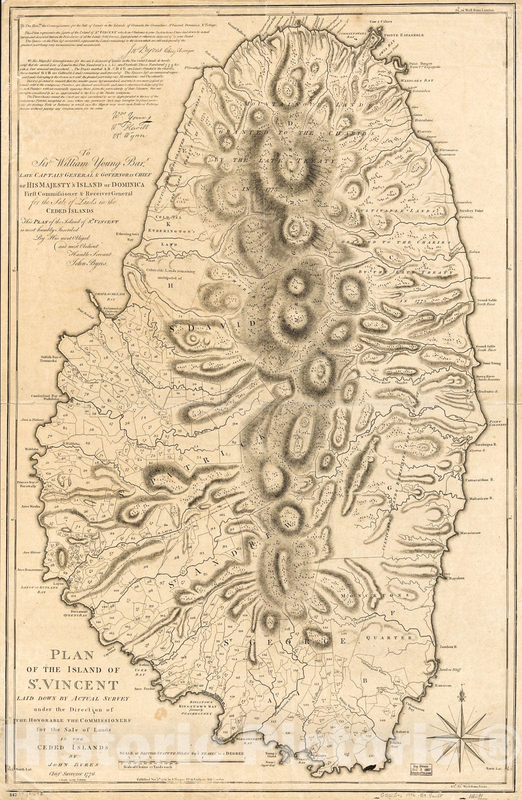 Historic 1776 Map - Plan of The Island of St. Vincent Laid Down by Actual Survey Under The Direction of The Honorable The Commissioners for The Sale of Lands in The Ceded Islands.