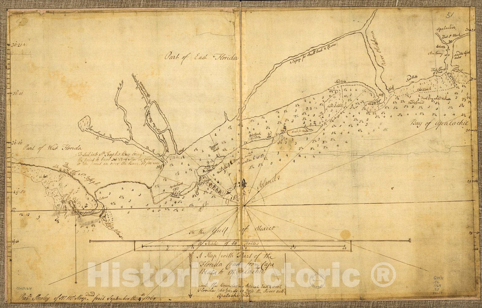 Historic 1769 Map - A map with Part of The Florida Coast from Cape Blaise to Apalachie; with The Boundaries betwixt East & West Floridas, 160 Yards Across The River call'd Apalachicola.