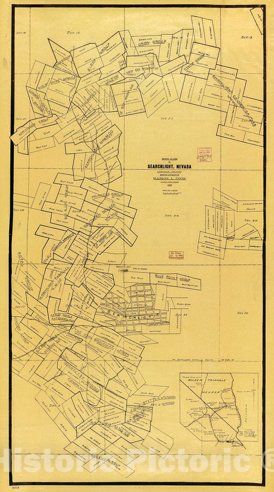 Historic 1906 Map - Mining Claims of Searchlight, Nevada, Lincoln County