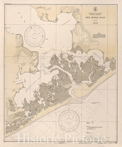 Historic 1932 Map - United States, East Coast, North Carolina : New River Inlet