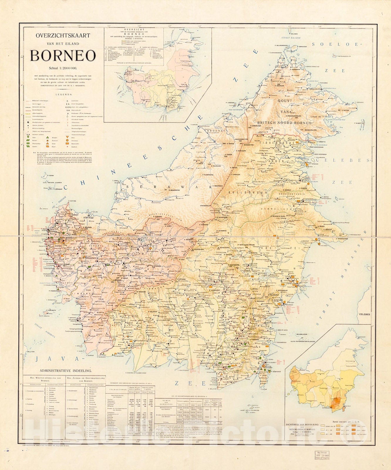 Historic 1914 Map - Overzichtskaart Van het eiland Borneo : schaal 1:2 000 000.