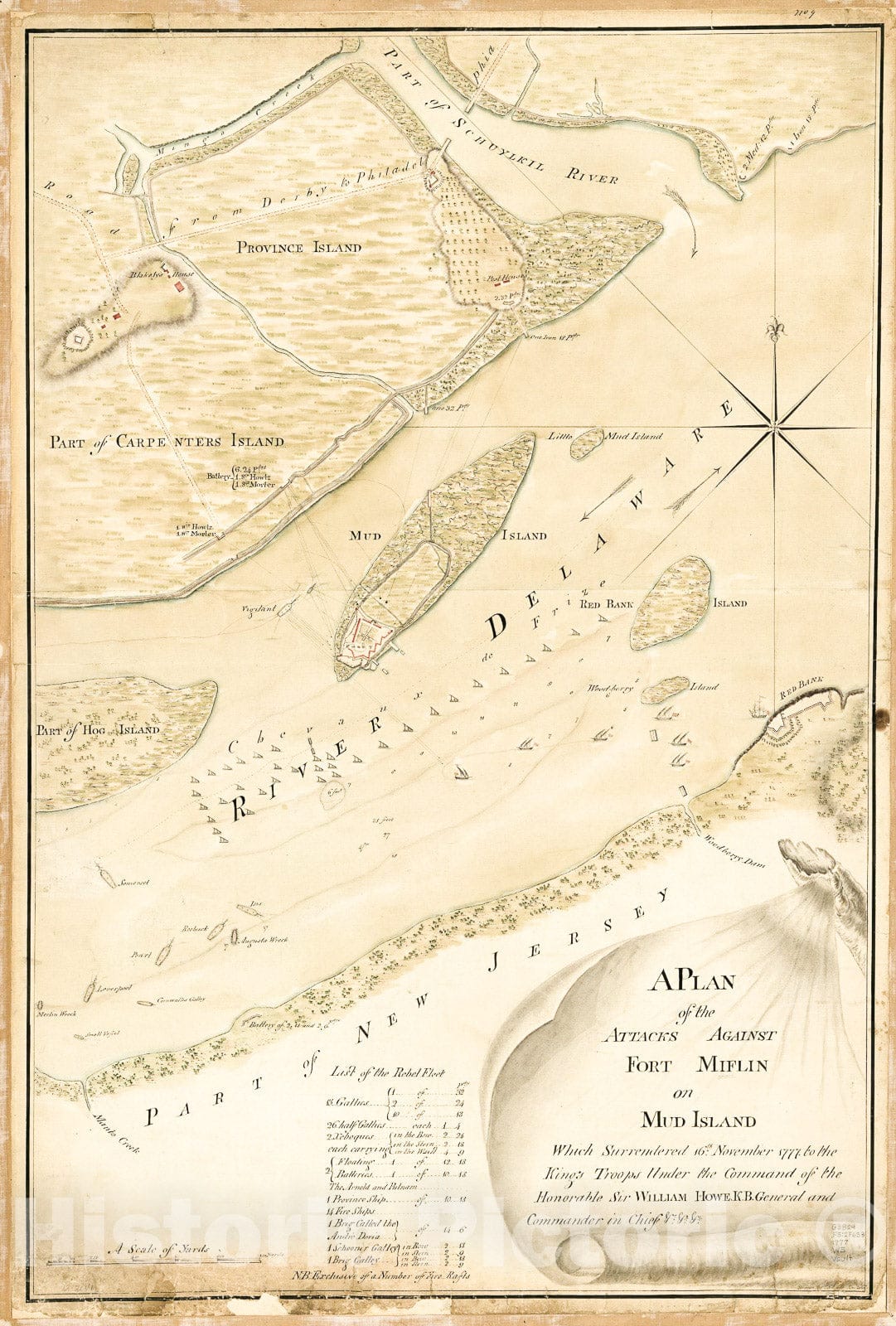 Historic 1777 Map - A Plan of The Attacks Against Fort Miflin on Mud Island which surrendered 16th, November 1777