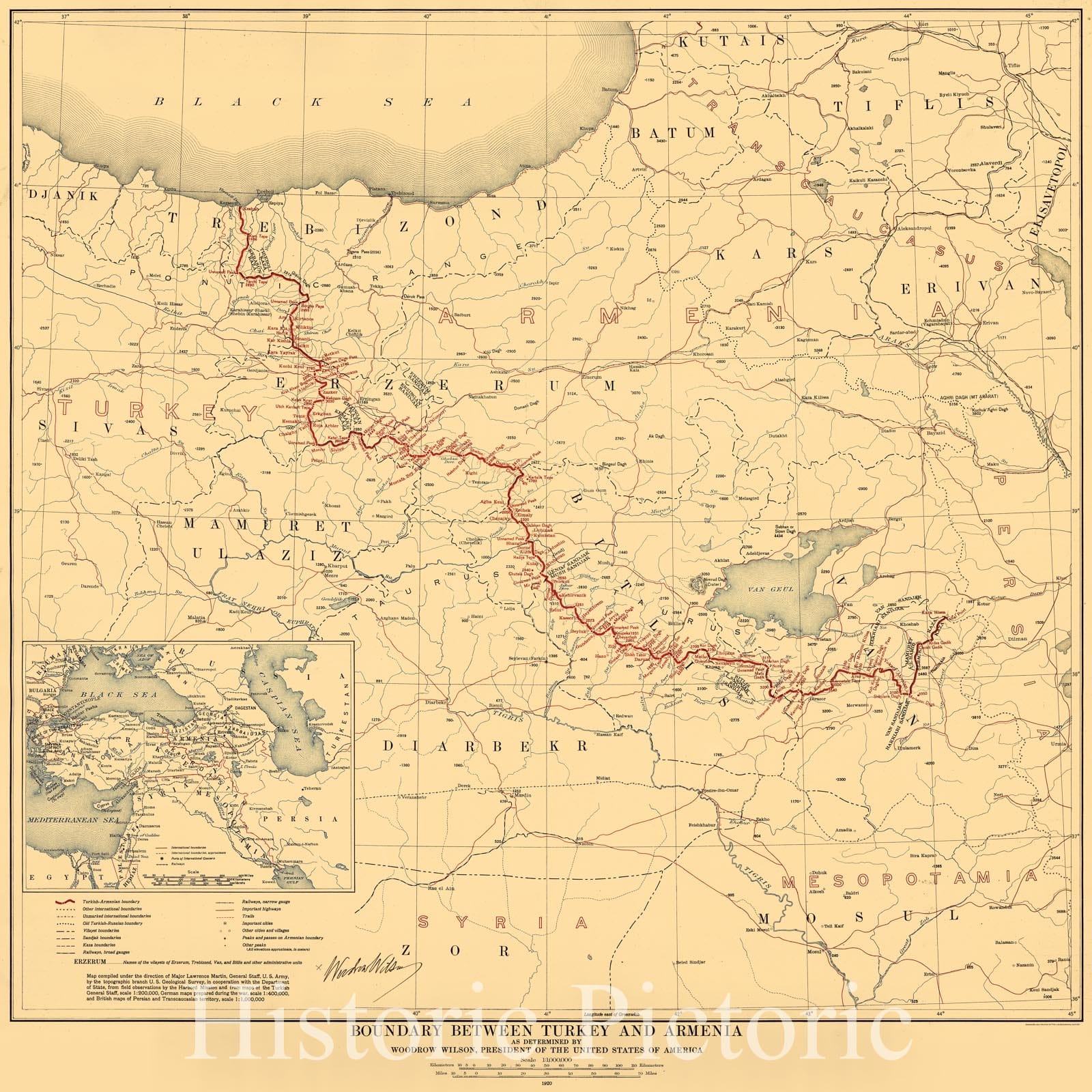 Historic 1920 Map - Boundary Between Turkey and Armenia : as Determined by Woodrow Wilson, President of The United States of America