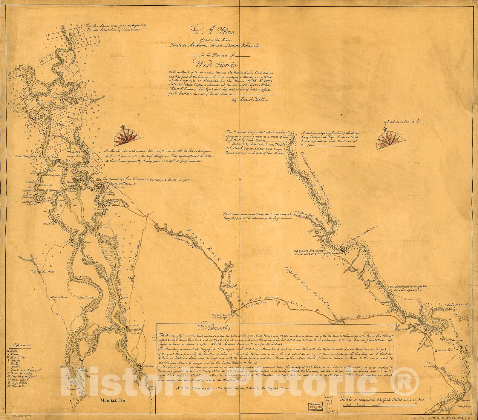 Historic 1771 Map - A Plan of Part of The Rivers Tombecbe, Alabama, Tensa, Perdido, Scambia in The Province of West Florida; with a Sketch of The Boundary