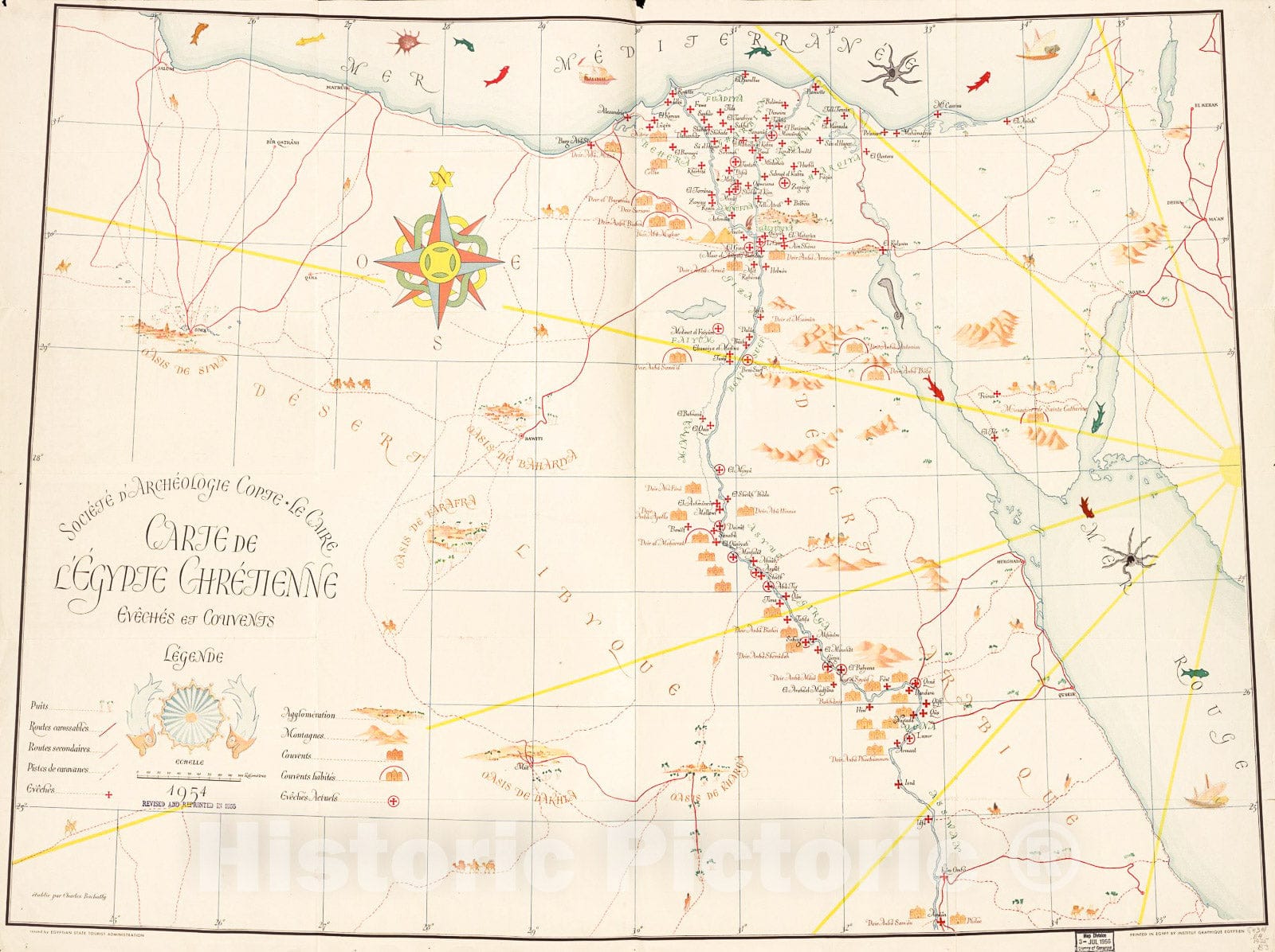 Historic 1955 Map - Carte de l'Ã‰gypte chrÃ©tienne : Ã©vÃªchÃ©s et couvents