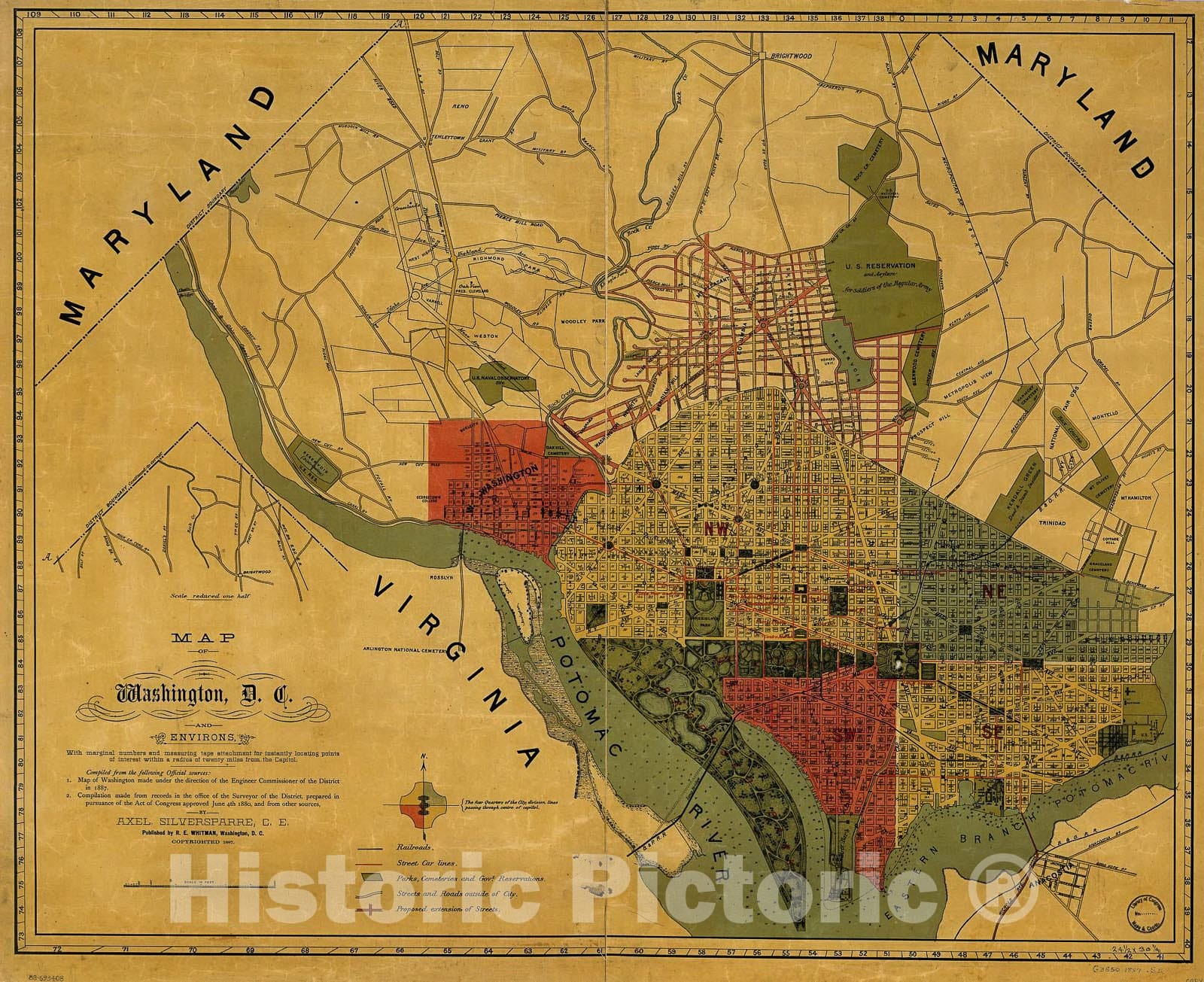 Historic 1887 Map - Map of Washington, D.C, and Environs : with marginal Numbers and Measuring Tape Attachment for Instantly locating Points of Interest