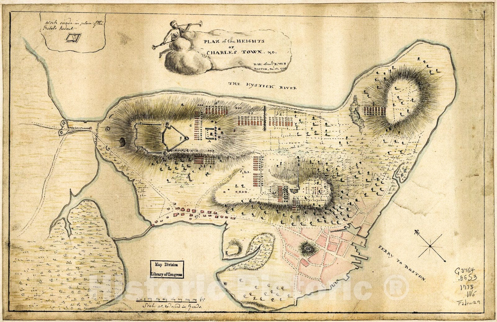 Historic 1775 Map - Plan of The Heights of Charles Town, c.