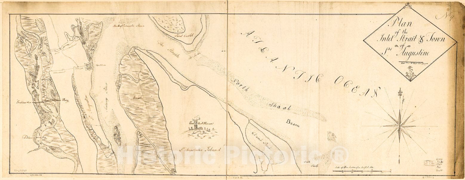 Historic 1760 Map - Plan of The Inlet, Strait, Town of St. Augustine.