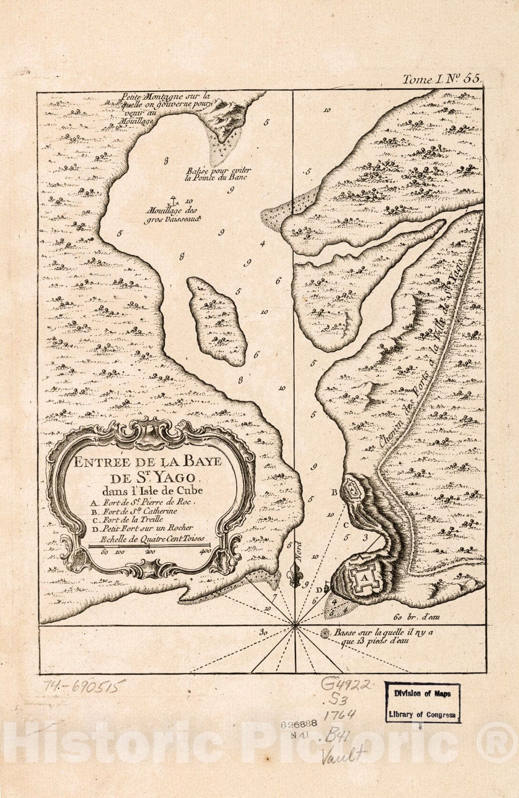 Historic 1764 Map - EntrÃ©e de la baye de St. Yago Dans l'isle de Cube.