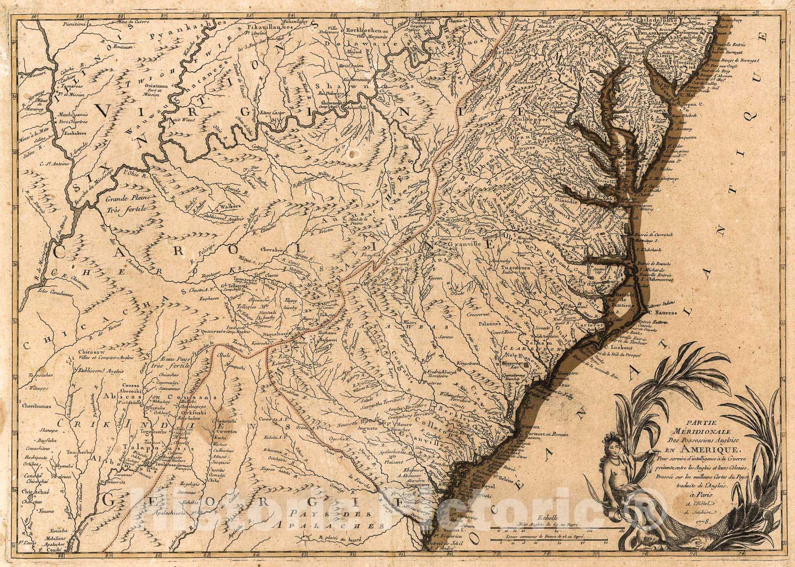 Historic 1778 Map - Partie mÃ©ridionale des Possessions angloise sic en AmÃ©rique : Pour servir d'intelligence Ã  la Guerre prÃ©sente Entre les anglois et leurs Colonies