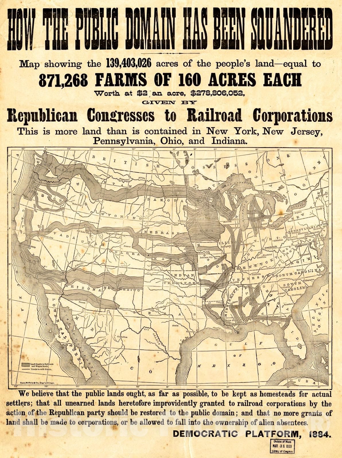 Historic 1884 Map - How The Public domain has Been squandered, map Showing The 139,403,026 Acres of The People's Land - Equal to 871,268 Farms of 160 Acres Each