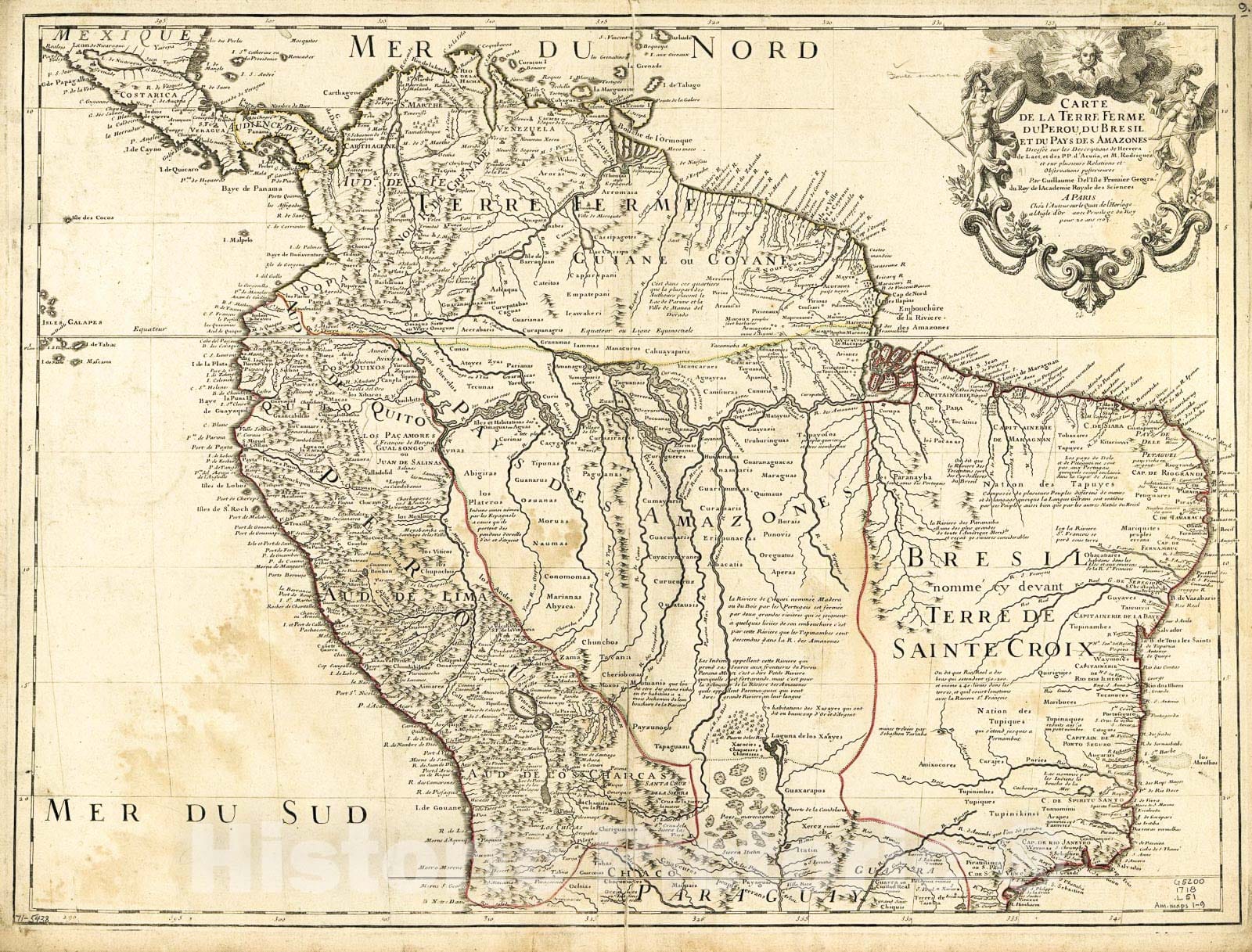 Historic 1718 Map - Carte de la Terre Ferme, du Perou, du Bresil et du Pays des Amazones.