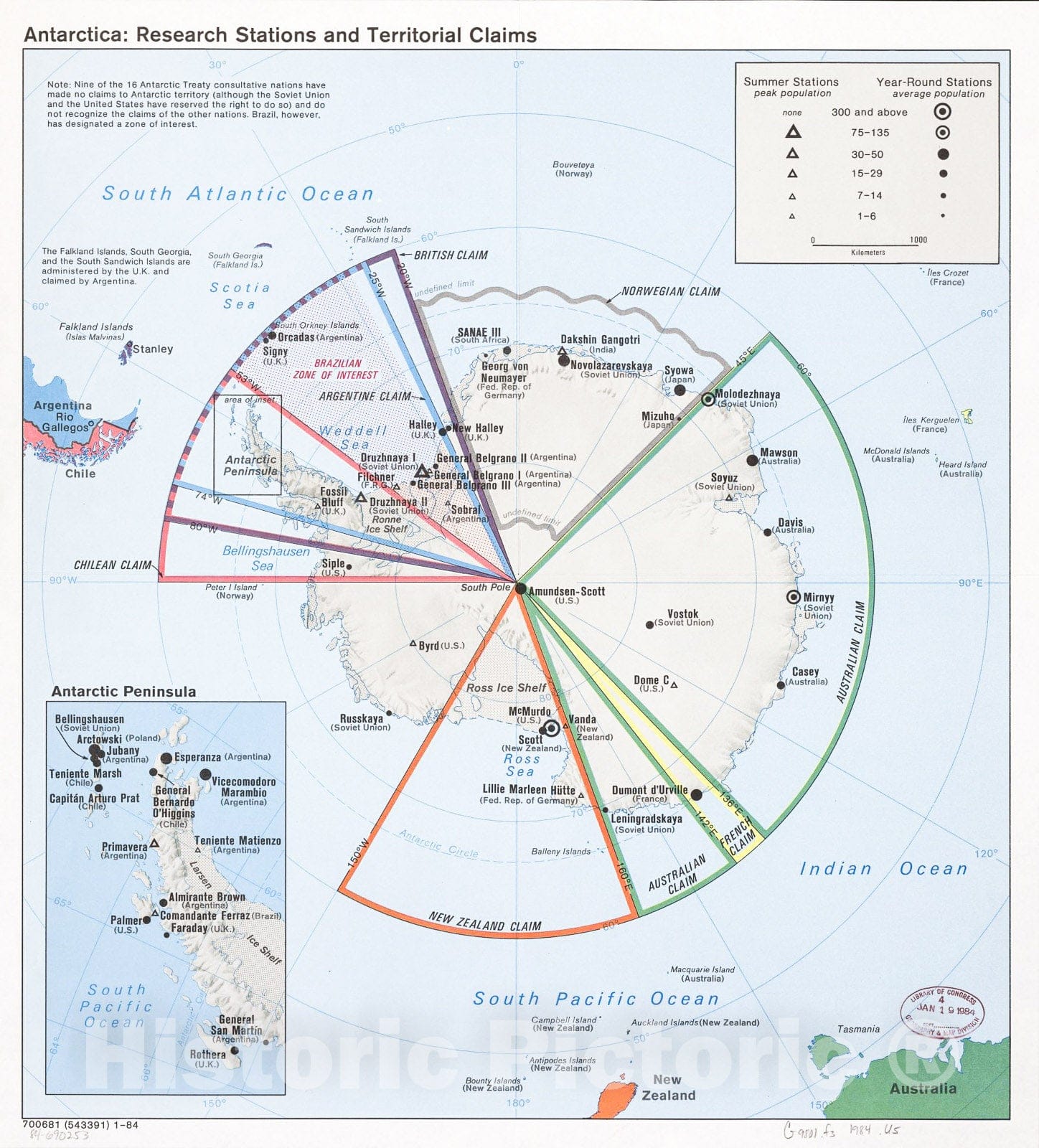 Historic 1984 Map - Antarctica, Research Stations and territorial Claims.