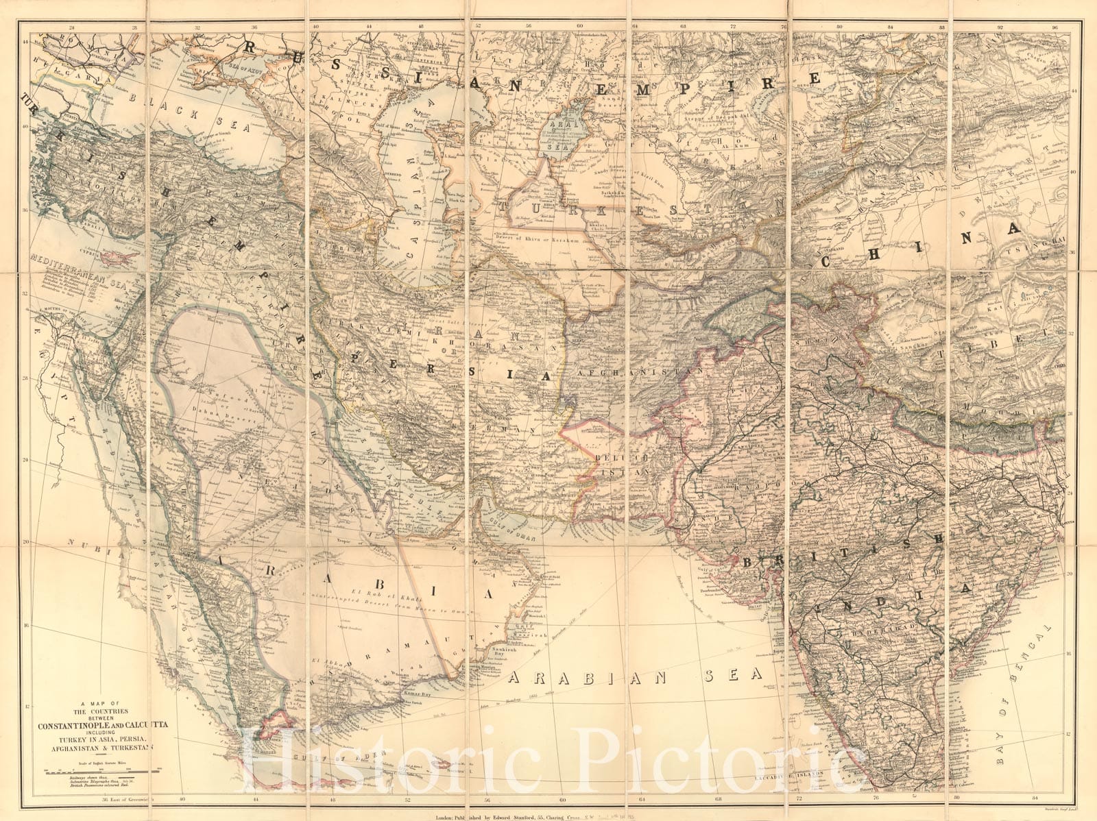 Historic 1885 Map - A map of The Countries Between Constantinople and Calcutta : Including Turkey in Asia, Persia, Afghanistan & Turkestan.
