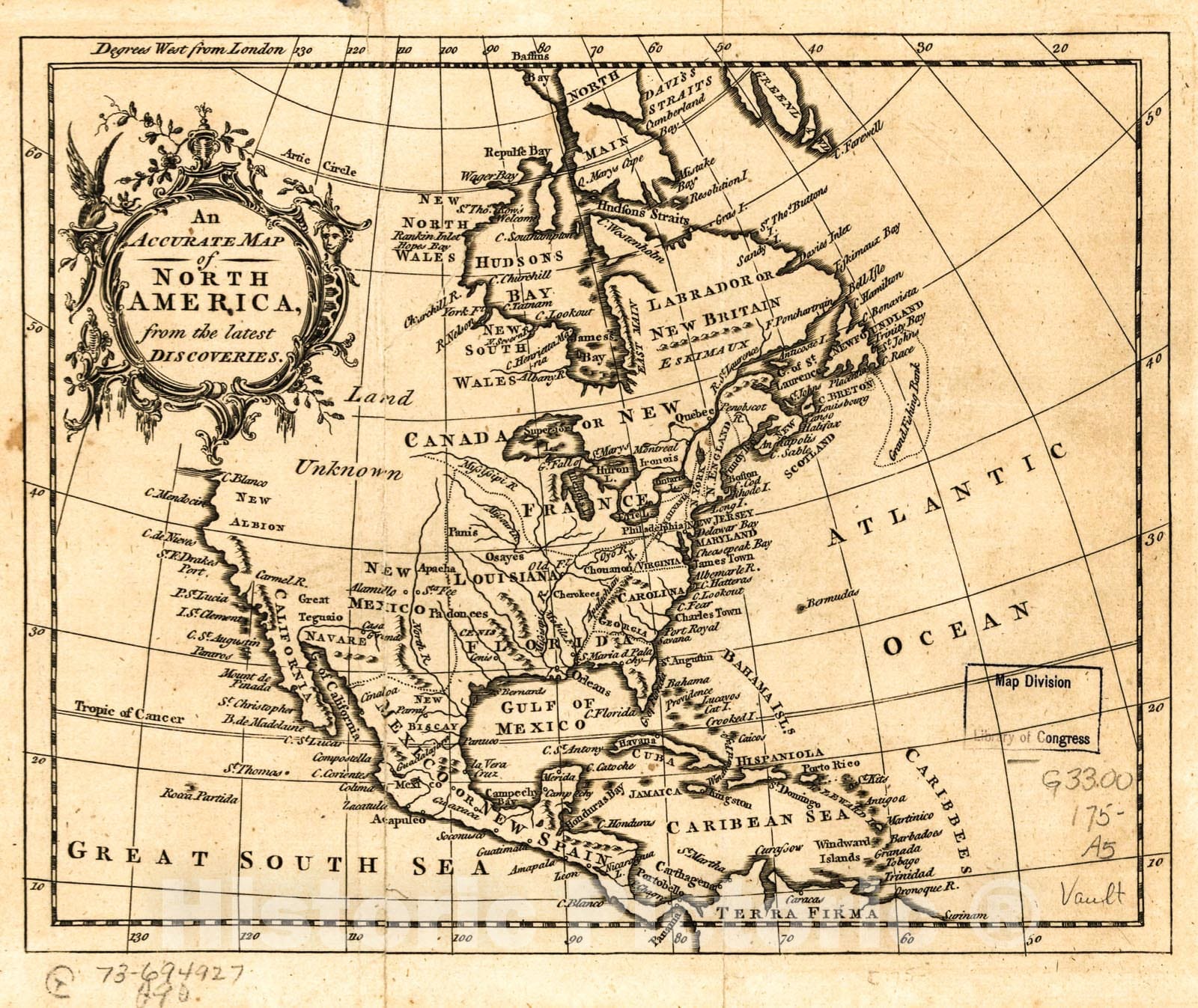 Historic 1750 Map - an Accurate map of North America from The Latest Discoveries.