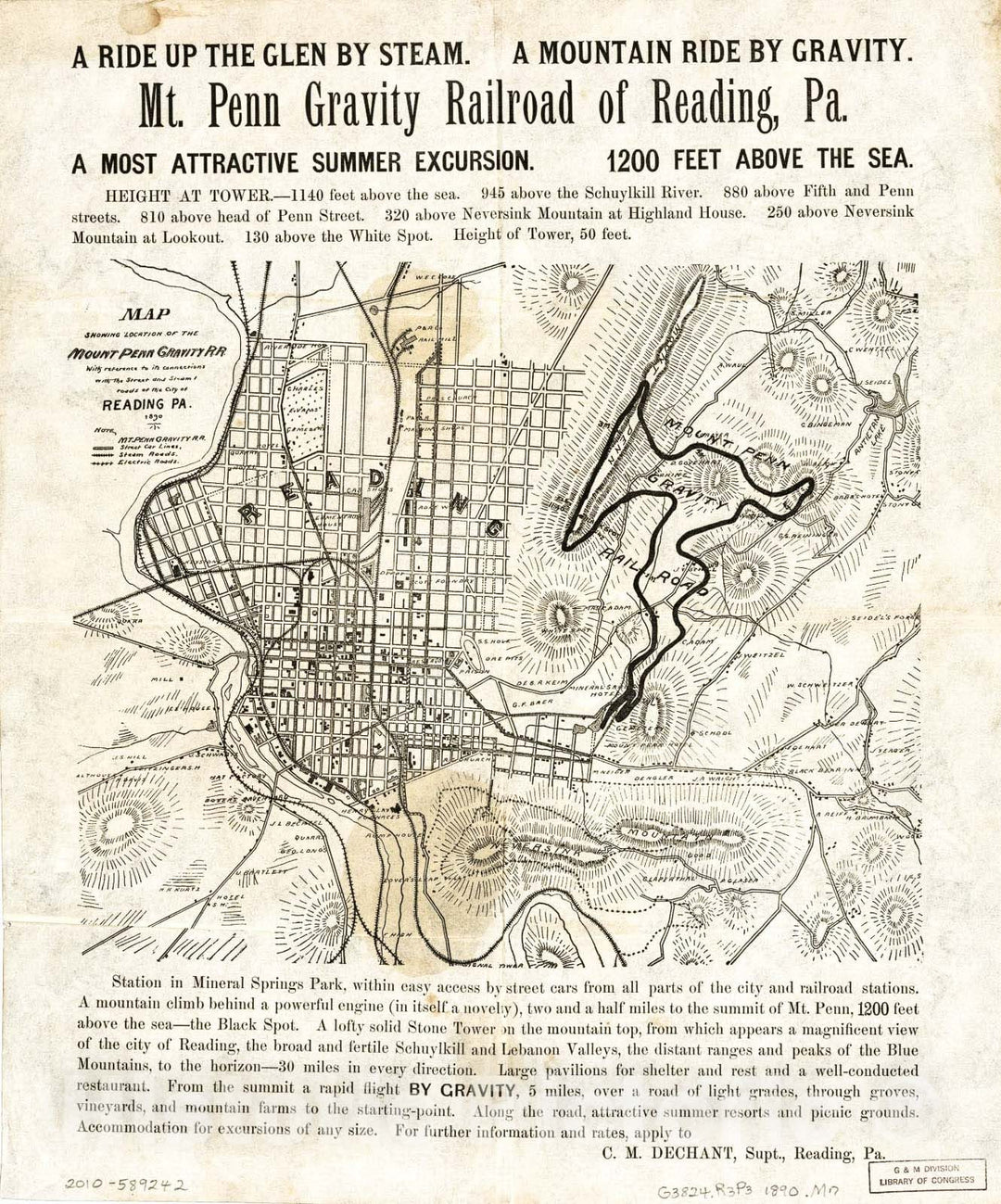 Historic 1890 Map - Mt. Penn Gravity Railroad of Reading, Pa. : a Ride up The Glen by Steam : a Mountain Ride by Gravity : a Most Attractive Summer Excursion : 1,200 feet Above The sea.