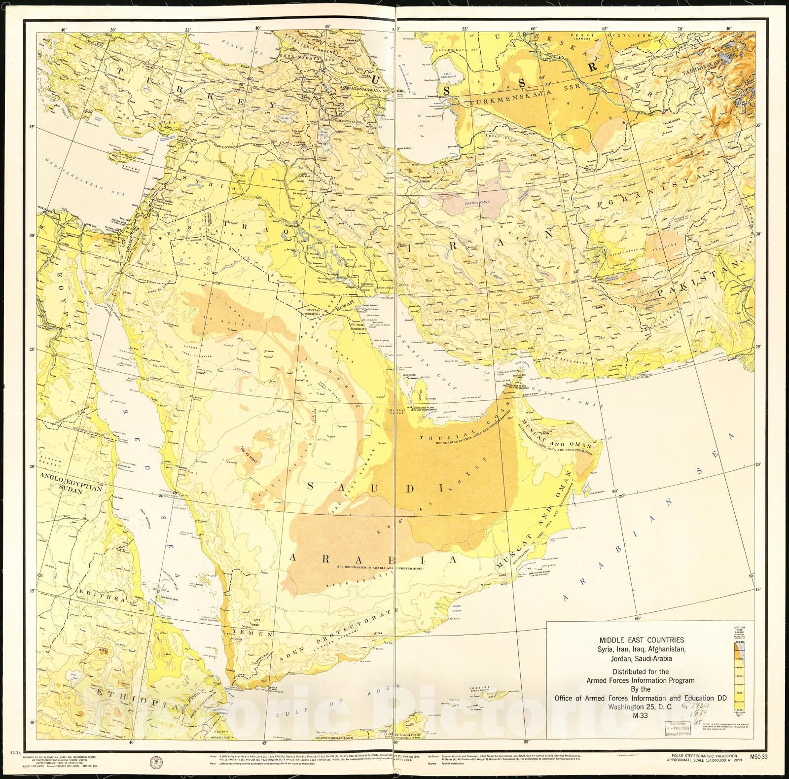 Historic 1955 Map - Middle East Countries : Syria, Iran, Iraq, Afghanistan, Jordan, Saudi-Arabia