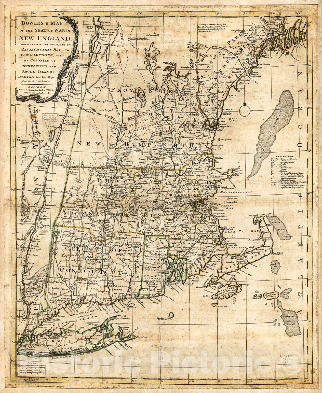 Historic 1776 Map - Bowles's map of The seat of war in New England. Comprehending The Provinces of Massachusets Bay, and New Hampshire; with The Colonies of Connecticut and Rhode Island
