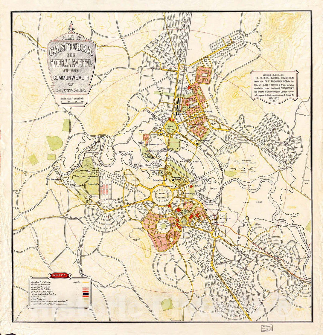 Historic 1927 Map - Plan of Canberra, The Federal Capital of The Commonwealth of Australia