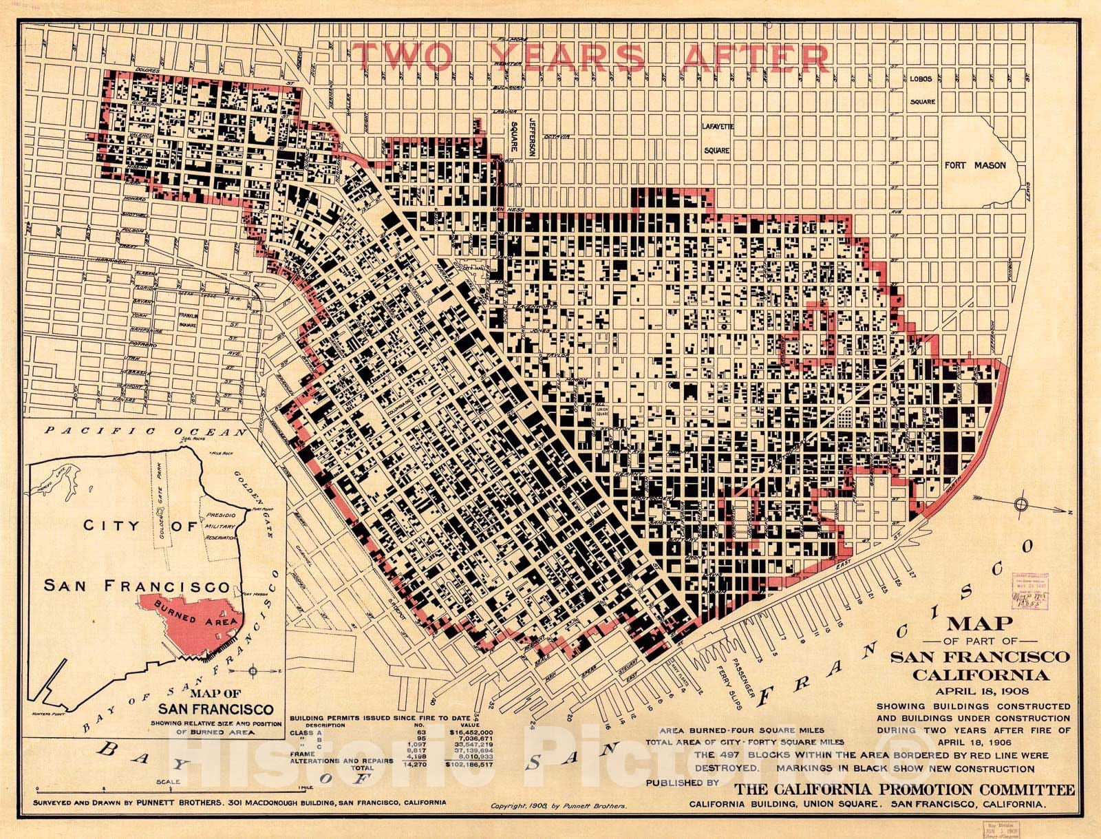 Historic 1908 Map - Map of Part of San Francisco, California, April 18, 1908 : Showing Buildings Constructed and Buildings Under Construction During Two Years After fire of April 18, 1906.