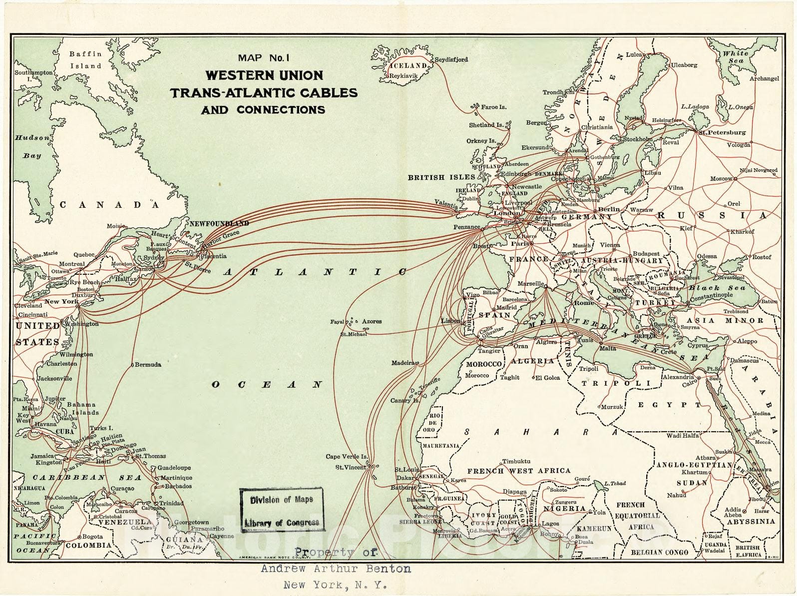 Historic 1900 Map - Western Union Trans-Atlantic Cables.