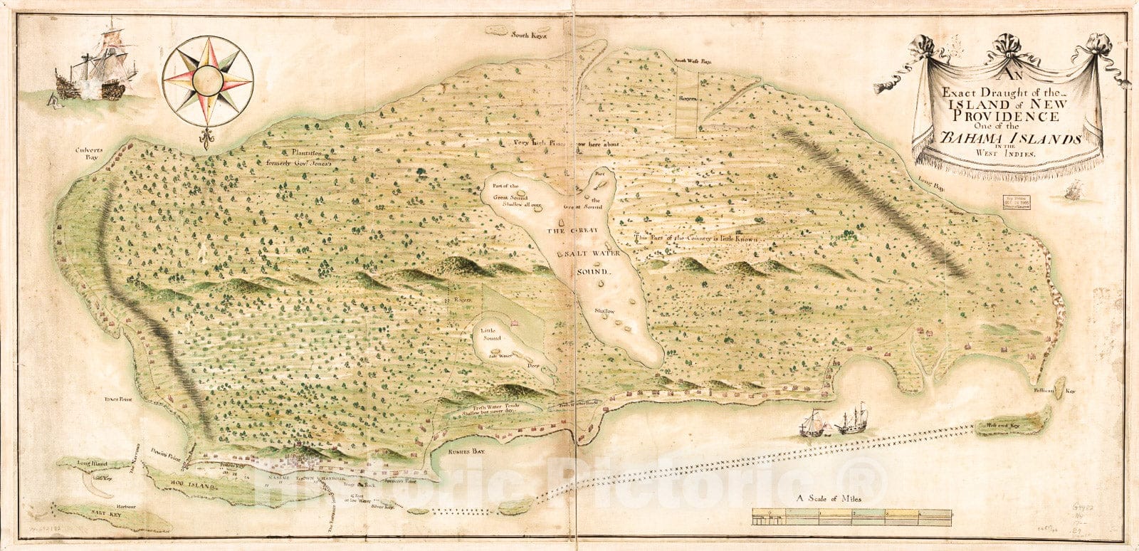 Historic 1700 Map - an Exact Draught of The Island of New Providence one of The Bahama Islands in The West Indies.