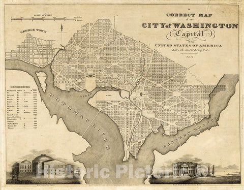 Historic 1820 Map - A Correct map of The City of Washington : Capital of The United States of America : LAT. 38.53 n, Long. 0.0