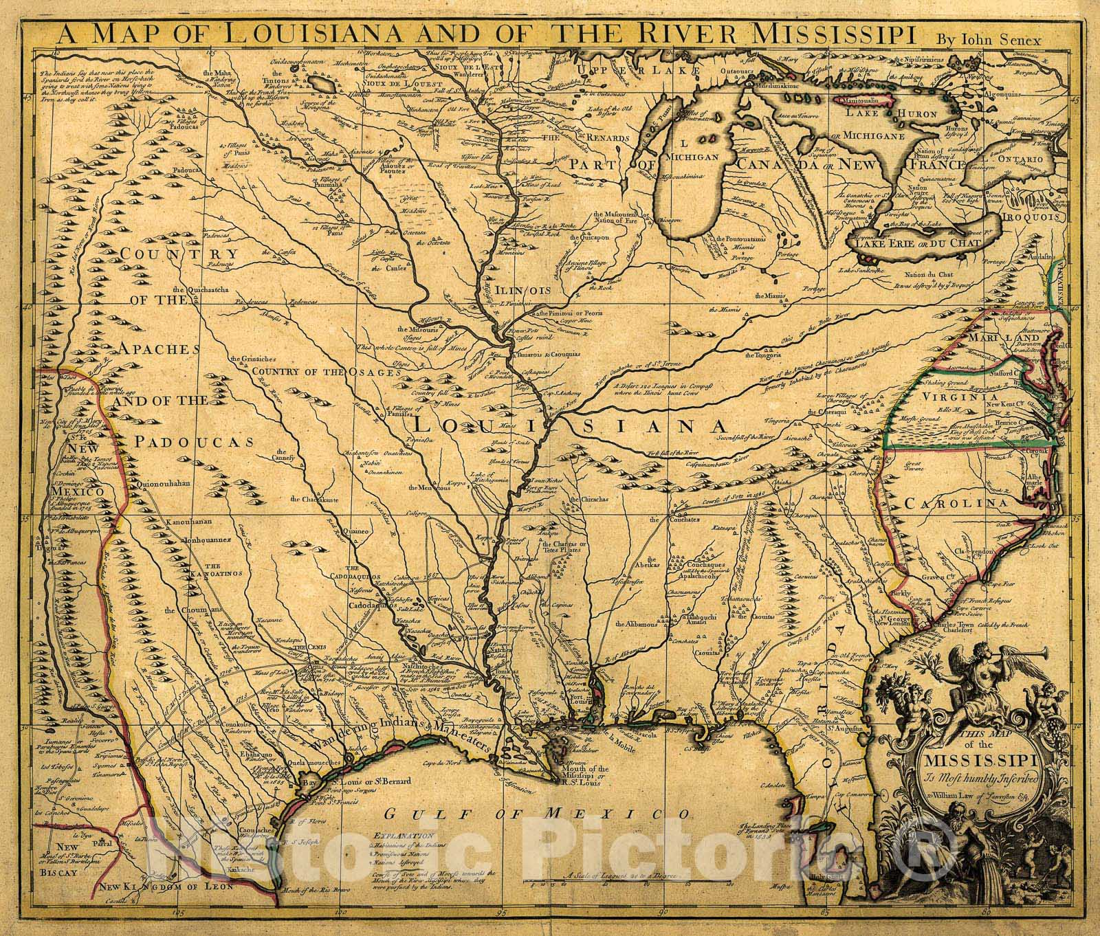 Historic 1721 Map - A map of Louisiana and of The River Mississipi i.e. Mississippi : This map of The Mississipi i.e. Mississippi