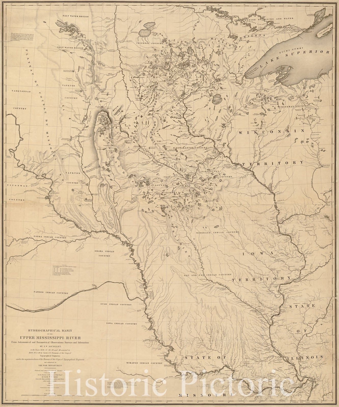 Historic 1843 Map - Hydrographical Basin of The Upper Mississippi River from Astronomical and barometrical observations, surveys, and Information.