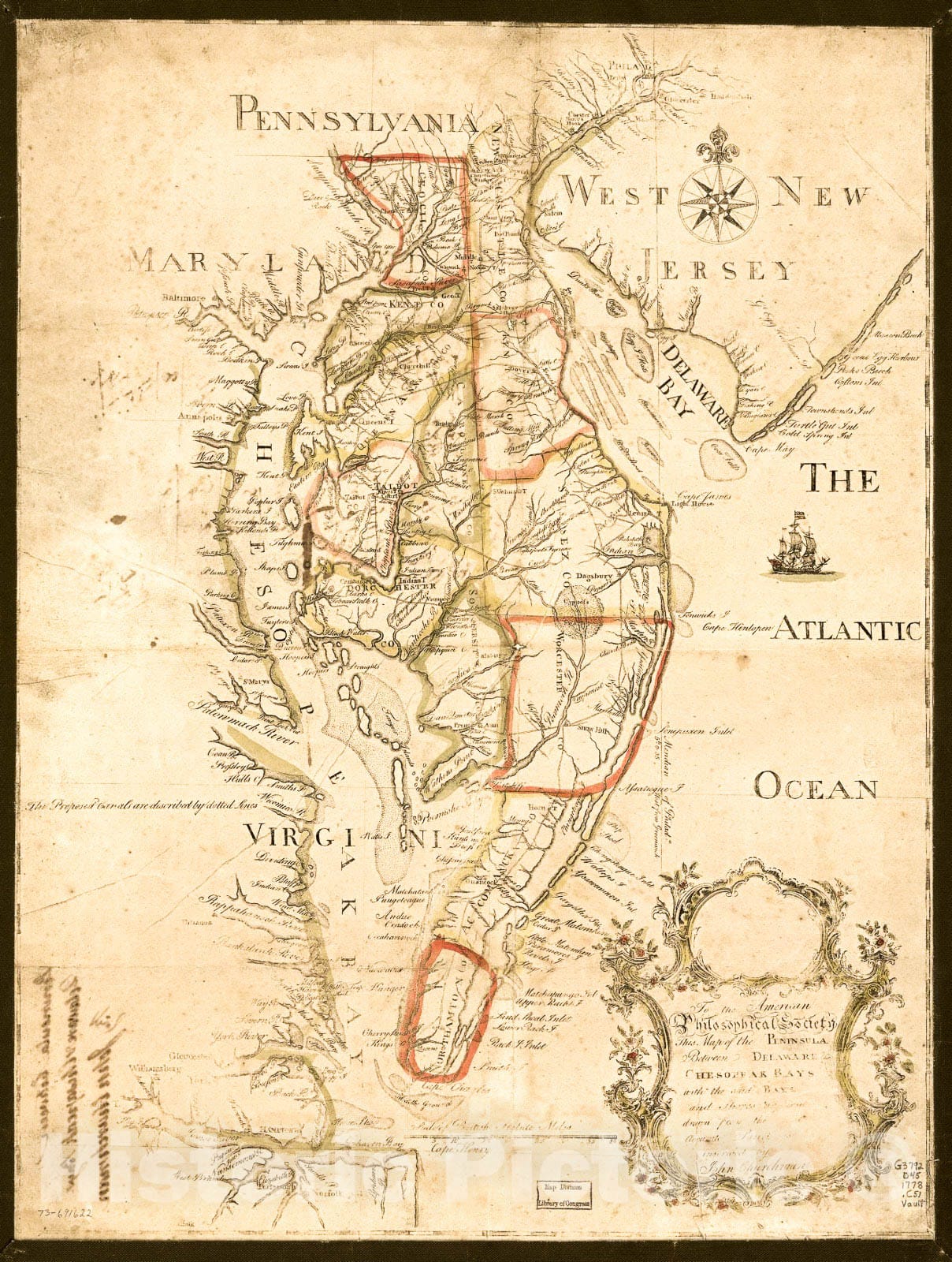 Historic 1778 Map - to The American Philosophical Society, This map of The Peninsula Between Delaware & Chesopeak Bays