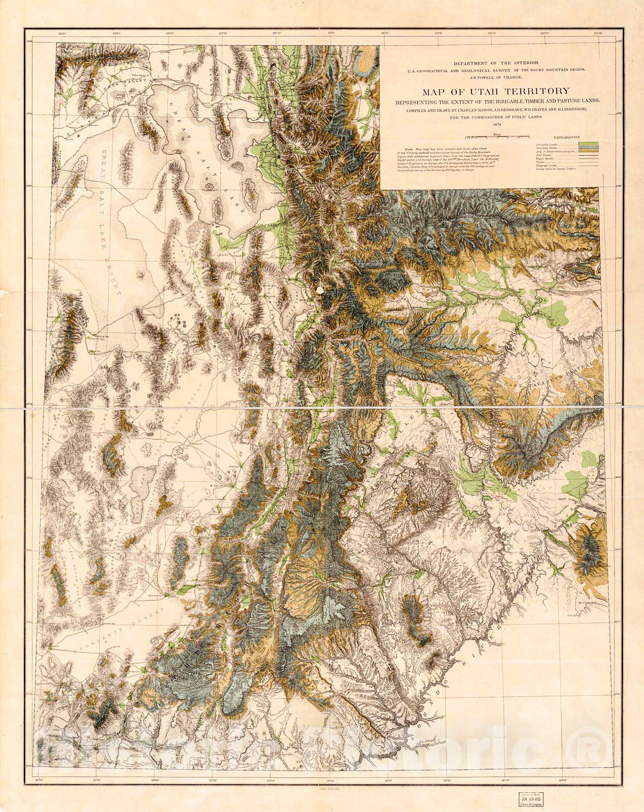 Historic 1878 Map - Map of Utah Territory Representing The Extent of The irrigable, Timber and Pasture Lands
