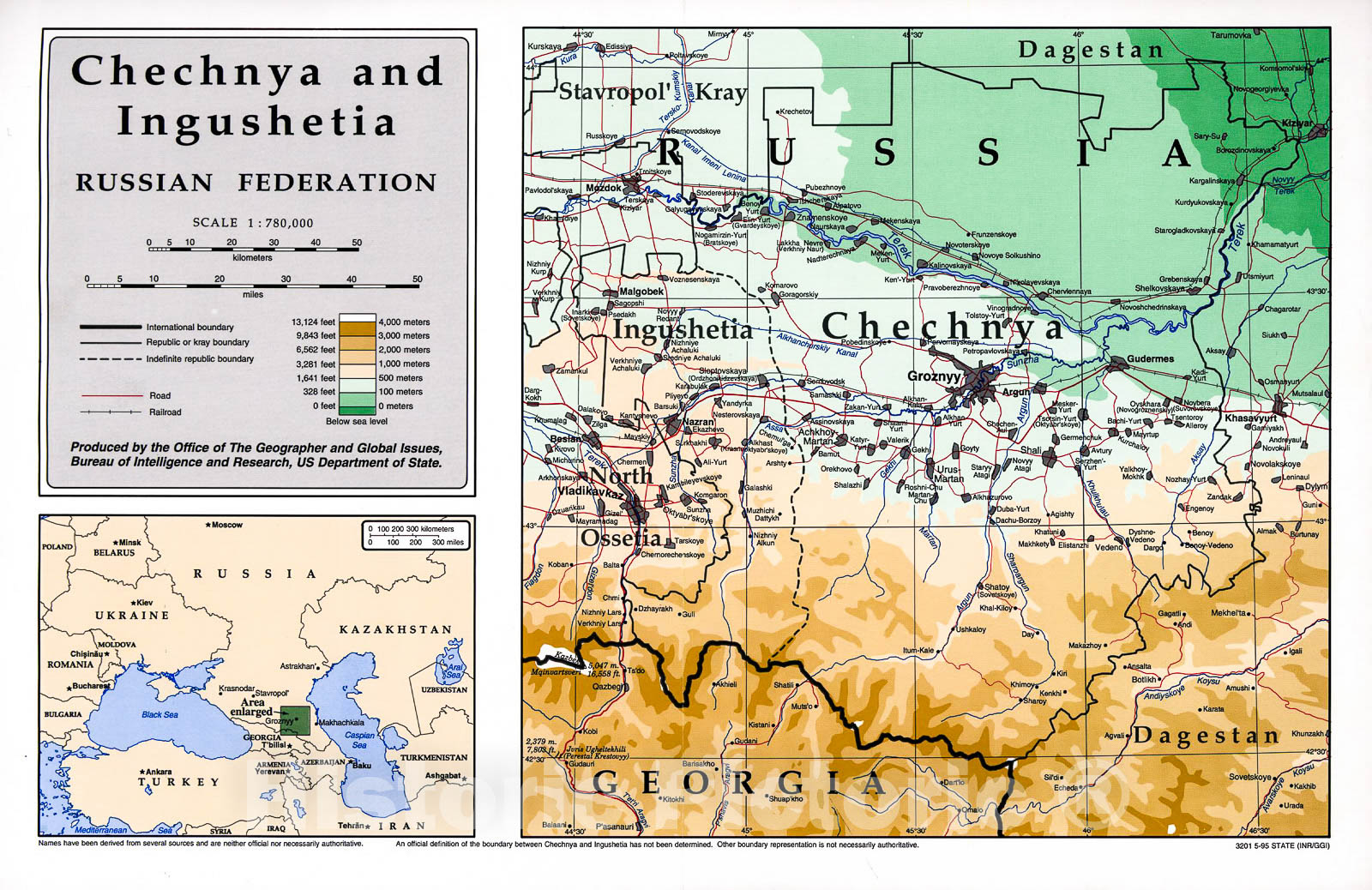 Historic 1995 Map - Chechnya and Ingushetia, Russian Federation