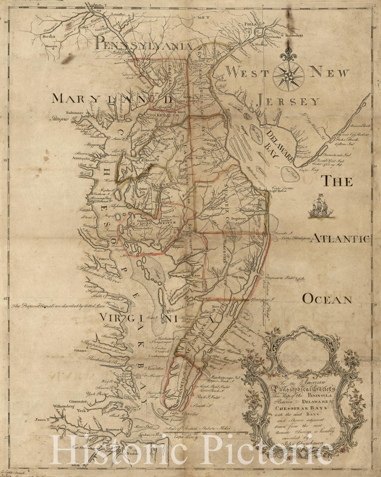Historic 1786 Map - to The American Philosophical Society, This map of The Peninsula Between Delaware & Chesopeak Bays, with The Said Bays and Shores Adjacent