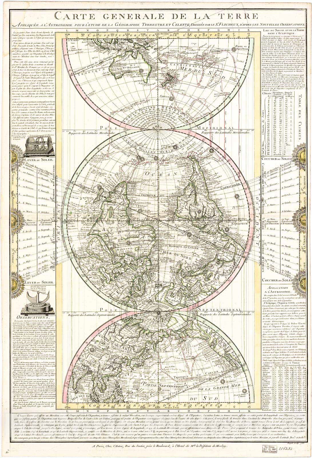 Historic 1782 Map - Carte generale de la Terre : appliquÃ©e a l'astronomie Pour l'etude de la gÃ©ographie terrestre et Celeste